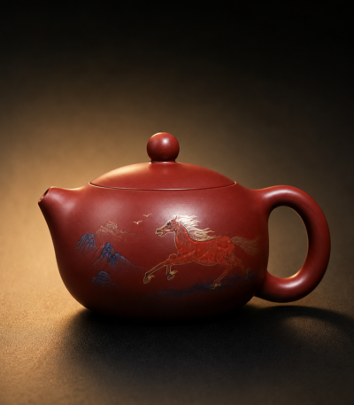 Galloping Horse Landscape Painted Zisha Teapot