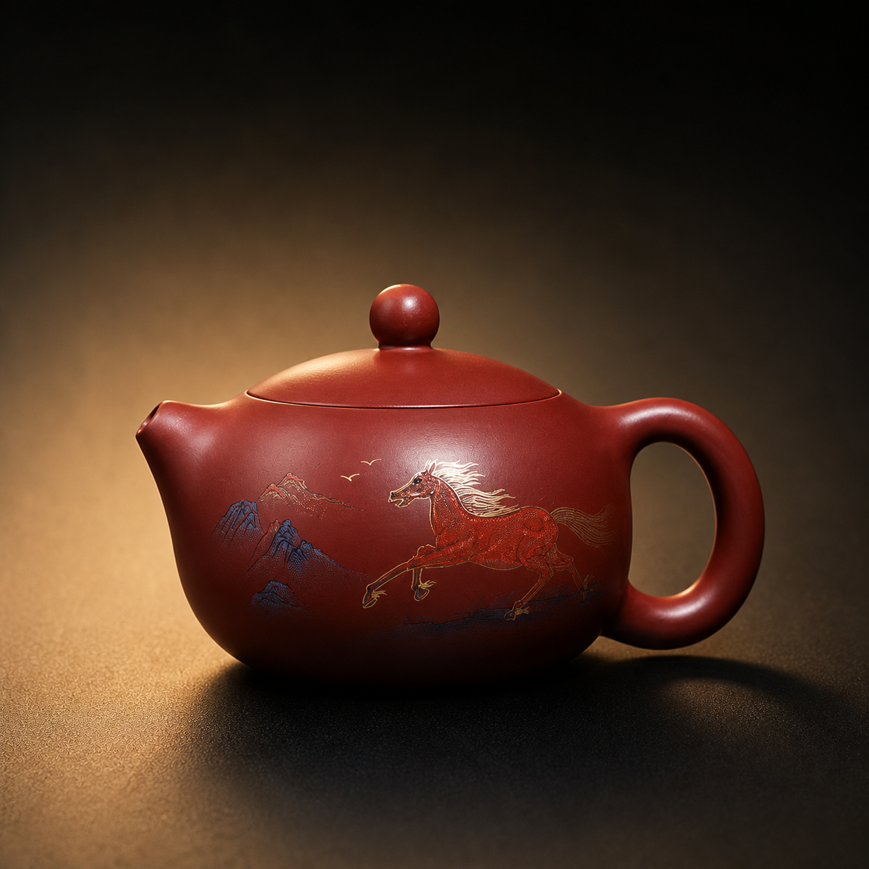 exec-aa35ca71-913d-411d-8773-c4a3b54ab0b8 Galloping Horse Landscape Painted Zisha Teapot