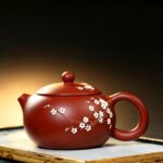 Fully Handmade Yixing Zisha Teapot — Raw Da Hong Pao Red Clay, Classic Xishi Shape with Hand-Painted Plum Blossom, Ball-Hole Strainer, 260ml - Image 2